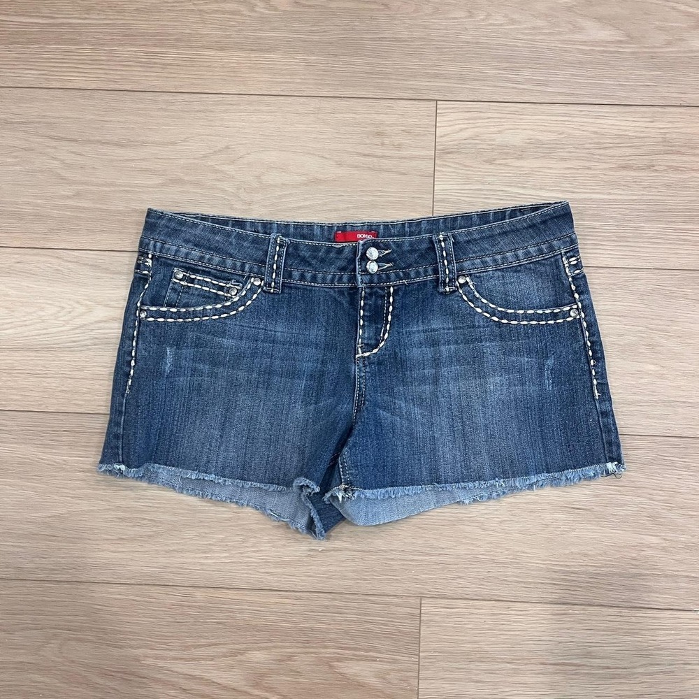 Bongo Y2K Low Rise Denim Shorts White Stitching Women 15 2000s Mcbling Festival‎